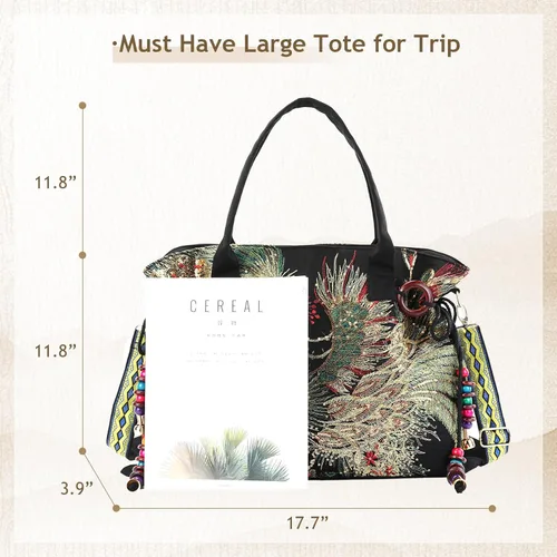 Vista 5 de Jursccu Bolsos de lona para mujer, bolsos bordados, bolsos de hombro casuales elegantes