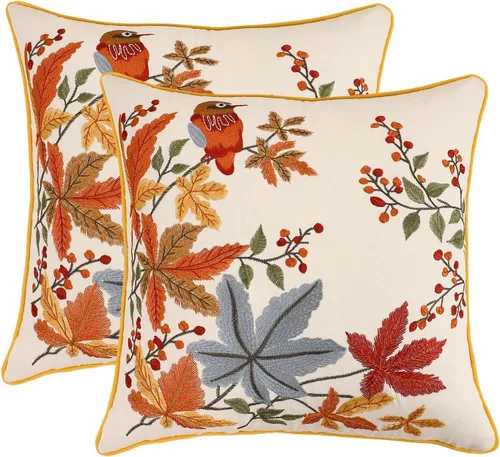 Vista 20 de Fundas de almohada bordadas de otoño de 16 x 16 pulgadas, paquete de Pájaro con hojas de arce