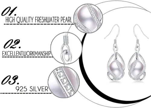 Vista 7 de Conjuntos de joyas de perlas de agua dulce 100 % naturales para mujer, a la moda, pendientes de plata de ley 925 y colgante de joyería de boda
