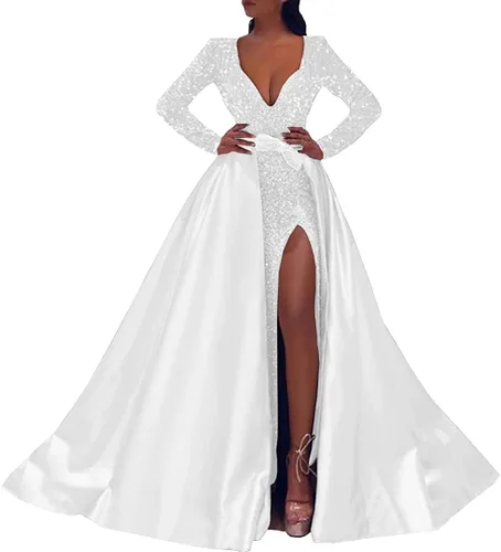 Clothfun Vestidos de fiesta de lentejuelas brillantes, manga larga, sirena con abertura, desmontable, cuello en V, satén formal, vestidos de noche