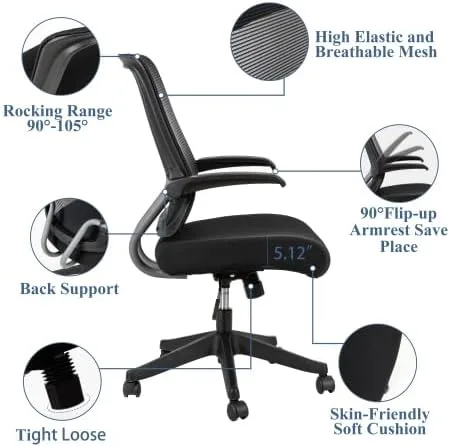 Vista 5 de Silla de oficina ergonómica, silla de escritorio con respaldo alto, silla giratoria de malla para computadora con soporte lumbar dinámico, función