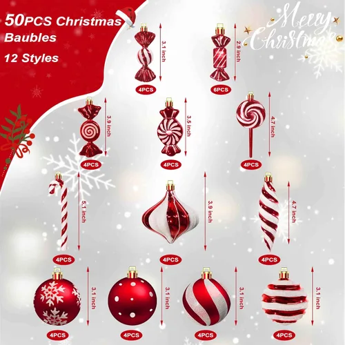 Vista 3 de QBA Juego de 50 adornos para árbol de Navidad, decoraciones de barra de caramelo para árbol de Navidad con cuerdas para colgar, bolas de plástico