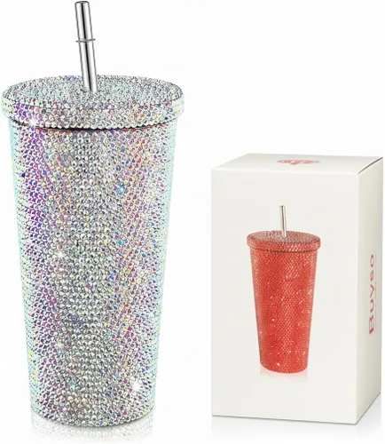 Vista 8 de Vaso térmico con diamantes de imitación con tapa, reutilizable, aislado, de acero inoxidable de alta calidad, botella de agua estética de primera