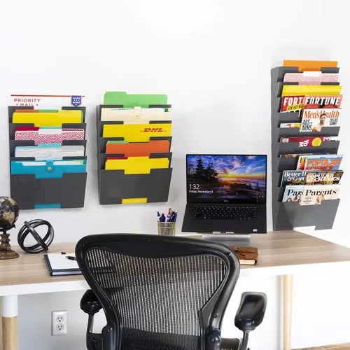Vista 2 de Gray Wall Mount Steel Vertical File Organizer Holder Rack 10 Sectional Modular Design Wider Than Letter Size 13 Inch Multi-Purpose Organize Display