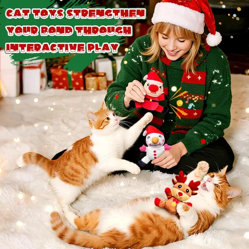 Vista 5 de Fuufome 3 juguetes de Navidad para gatos, interactivos rellenos de hierba gatera, juguetes masticables para dentición, lindos juguetes de ejercicio