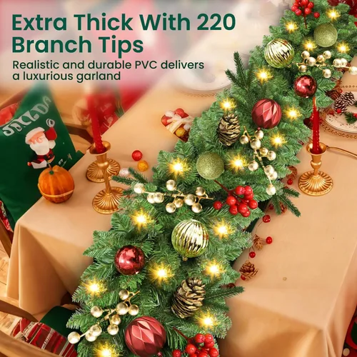 Vista 4 de Guirnalda de Navidad con luces, navideña, preiluminada, de 9 pies, funciona con pilas, corona con piñas, bayas rojas, artificial, para mantel