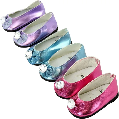 American Fashion World Zapatos planos con lazo de diamante metálico rosa intenso, lavanda y verde azulado para muñecas de 14 pulgadas, paquete de 3,