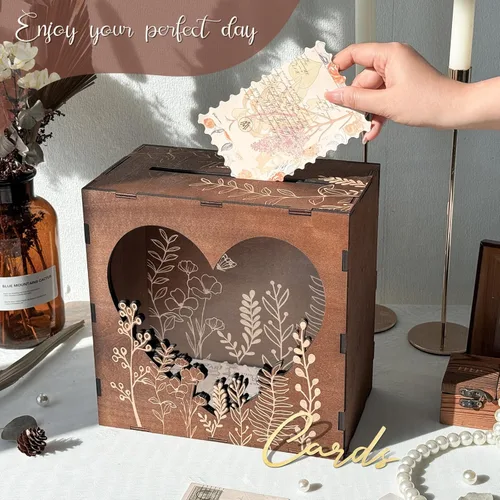 Vista 2 de OurWarm Caja de tarjetas de boda marrón para recepción con ventana acrílica de corazón, caja de regalo de madera para boda con patrón de flores