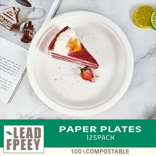 Vista 2 de leadfpeey Platos de papel 100 % compostables de 7 pulgadas (paquete de 125) platos resistentes, plato de bagazo desechable natural, ecológico, hecho