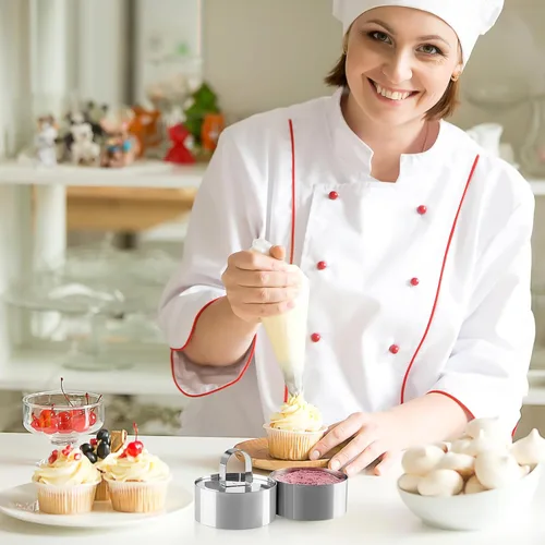 Vista 8 de CALLARON Molde de anillo de pastel de 3 pulgadas para hornear de acero inoxidable, juego de 8 moldes redondos para mousse de postre con empujadores