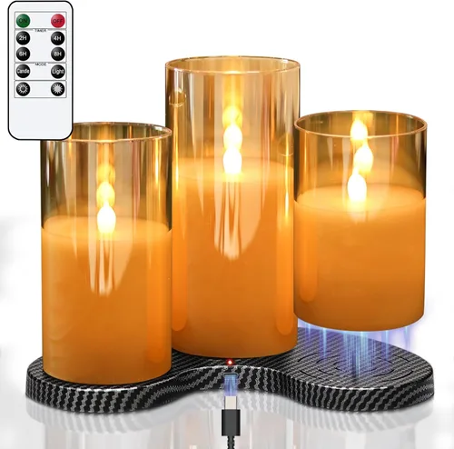 Vista 8 de GenSwin - Velas LED sin llama de cristal transparente que funcionan con batería, con control remoto de 10 teclas y temporizador, velas de cera real