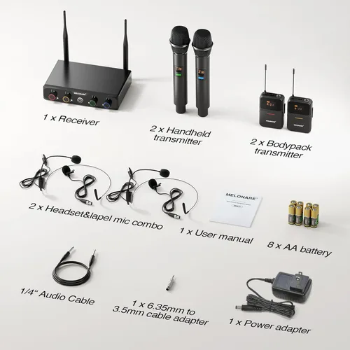 Vista 8 de MELONARE Sistema de micrófono inalámbrico de 4 canales, juego de micrófono inalámbrico UHF con frecuencias de 4x10, 200 pies, 2 micrófonos dinámicos