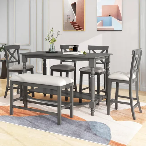 Vista 17 de Quarte Juego de mesa de comedor de 6 piezas estilo granja con 4 sillas tapizadas y banco, para restaurantes, apartamentos, muebles de sala de estar