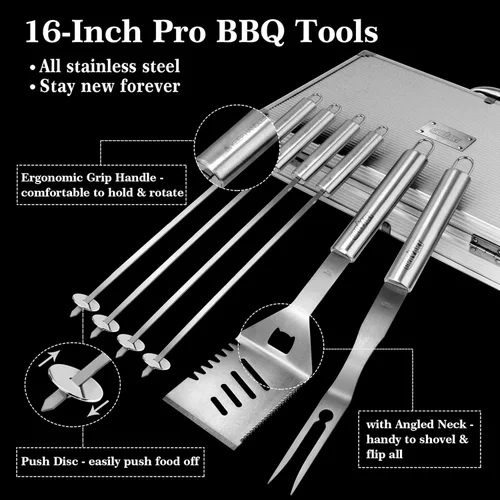 Vista 2 de GRILLART Juego de herramientas para parrilla de barbacoa, pinzas reforzadas para barbacoa, 19 piezas de acero inoxidable con estuche