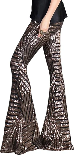 BLENCOT - Pantalones palazzo de lentejuelas con brillantina para mujer, cintura alta, pierna ancha, con dobladillo acampanado para fiesta Marrón