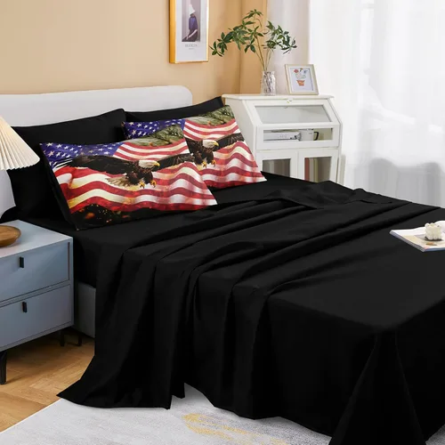 Vista 9 de MOVE OVER Juego de edredón de bandera estadounidense con águila, tamaño individual, 6 piezas, ropa de cama en una bolsa, estilo retro, juego de cama