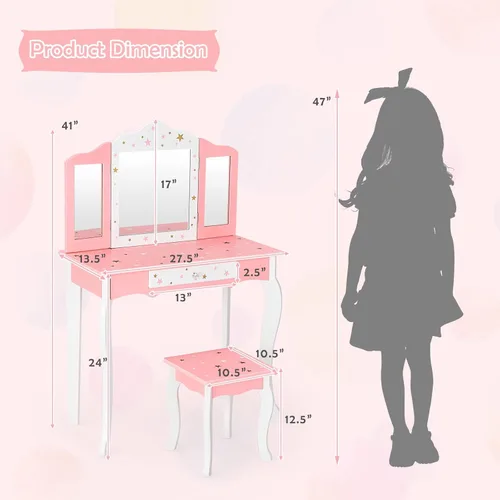 Vista 6 de HONEY JOY Juego de tocador para niños, mesa de maquillaje de madera estilo princesa con taburete y cajón, espejo de triple plegado, parte superior