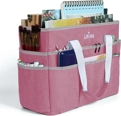 Vista 9 de JJRING Craft Organizer Tote Bag, Art Storage Caddy with Multiple Pockets, Beige Sewing Bag for Art, Craft, Scrapbooking, School, Medical, and Office