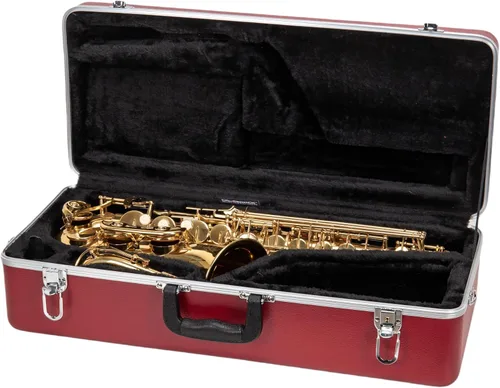 Vista 10 de Crossrock Funda para saxofón alto de ABS – Acabado champagne rectangular, interior de terciopelo burdeos, cerradura de seguridad y correa