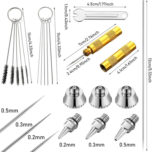 Vista 2 de Kit de 21 Piezas de Tapas de Boquilla de Aerógrafo, Piezas de Reemplazo de Agujas de Aerógrafo con Llave y Kit de Limpieza de Aerógrafo, Pieza
