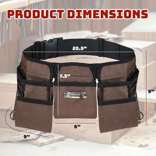 Vista 2 de 19 Pocket Brown and Black Heavy Duty Construction Tool Belt, Work Apron, Tool Pouch, with Poly Web Belt Quick Release Buckle - Adjusts from 33