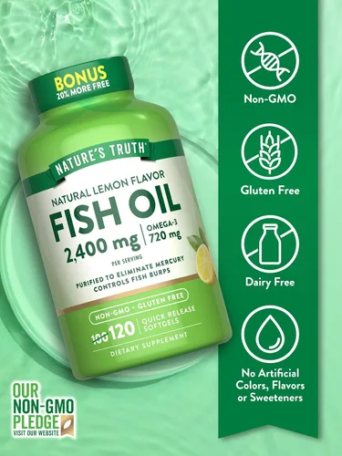 Vista 3 de Nature's Truth Aceite de pescado de 2400 mg 120 cápsulas blandas de liberación rápida 720 mg de Omega 3 Píldoras de sabor a limón sin eructos