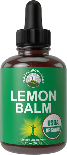 Peak Performance USDA Organic Lemon Balm Tintura – Suplemento líquido de gotas de aceite para relajación, calma, digestión – Extracto de hoja vegano
