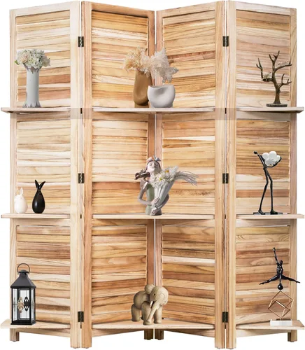 Divisor de habitación de 4 paneles, pantalla plegable de madera de privacidad con tres estantes inteligentes, divisor de madera portátil para Natural