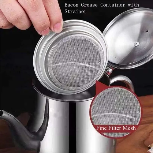 Vista 2 de Olla de filtro de aceite de acero inoxidable, recipiente de grasa de tocino con colador y boquilla, olla de aceite filtrante reutilizable para grasa
