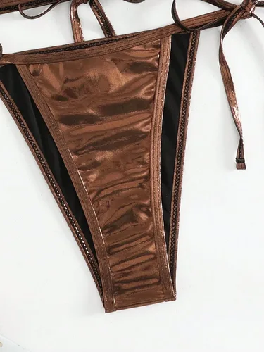 Vista 5 de WDIRARA Traje de baño metálico de 2 piezas para mujer, con micro triángulo, halter con lazo