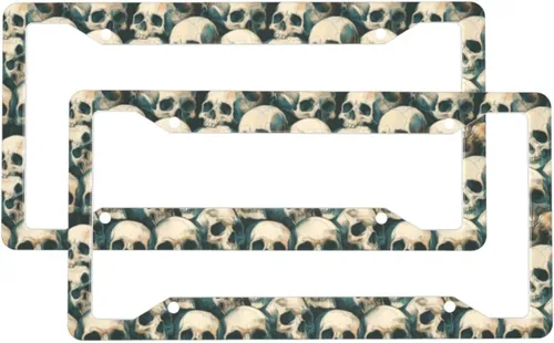 2 Pcs Car License Plate Frames for Women Men - Aluminum Solid Vintage Skull Print License Plate Cover for Car Accessories for Women Men with