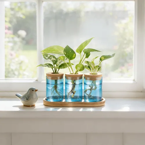 Vista 7 de Dahey Jardinera de cristal azul para propagación de plantas con tapa y soporte de madera para propagación de plantas hidropónicas, centro de mesa