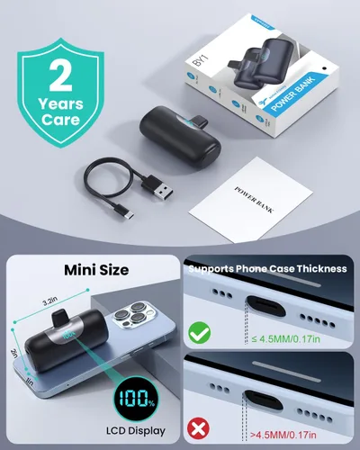 Vista 7 de Mini Portable Charger for iPhone,Upgraded 22.5W PD Fast Charging 5500mAh Ultra-Compact Power Bank,LCD Display Plug-in Cute Battery Pack Travel Black