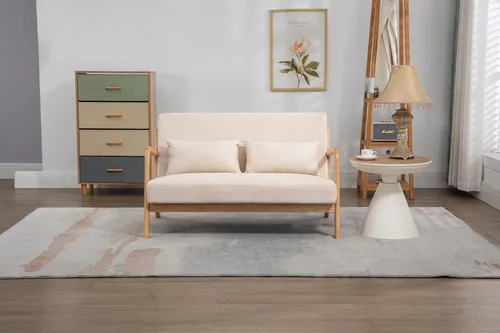 Vista 9 de JOYBASE Sofá biplaza pequeño de 45.7 pulgadas de ancho, sofá biplaza moderno de mediados de siglo con reposabrazos para sala de estar, espacio Beige