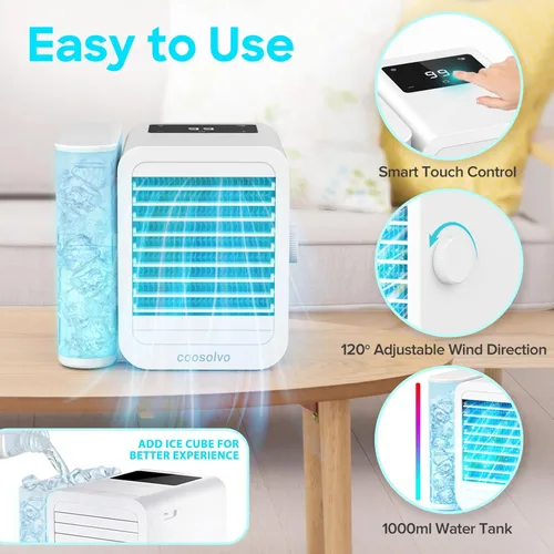 Vista 6 de Coosolvo Portable Air Conditioner, Personal Air Cooler with Quiet Multi-Speed Cooling Fan, Evaporative Mini Cooler with 1000ml Water Tank, Mini AC