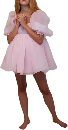 Vestido de tul de malla de hadas para mujer, manga abombada, mini vestido de princesa con cuello cuadrado, vestido de fiesta corto de graduación