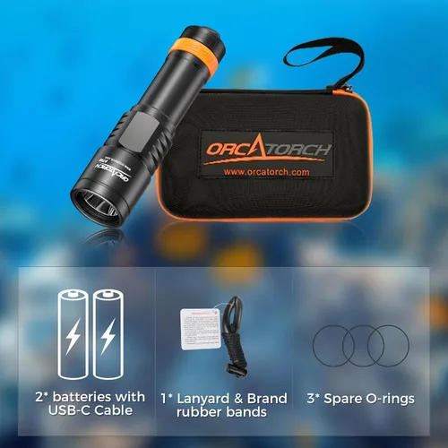 Vista 8 de ORCATORCH Luz de buceo D700 de 1700 lúmenes con haz estrecho de 6°, interruptor mecánico de encendido/apagado, impermeable IP68, linterna submarina