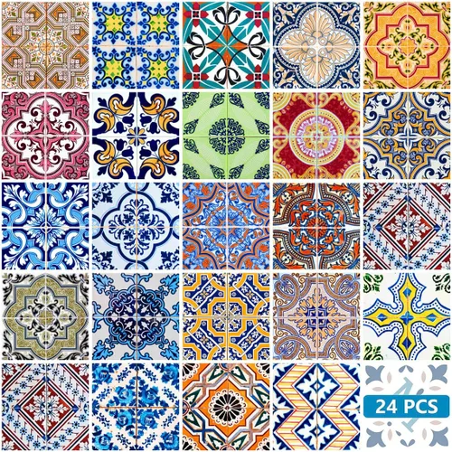Vista 17 de Juego de 24 calcomanías para azulejos de salpicaduras en muro, azulejos tradicionales de Talavera, calcomanías para azulejos de baño y cocina Barra
