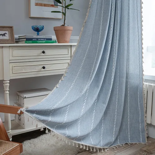 Vista 42 de Sutuo Home Cortinas de puerta francesa para puerta de patio, cortinas de lino semiopacas bohemias con borlas, tiras de granja a cuadros, decoración