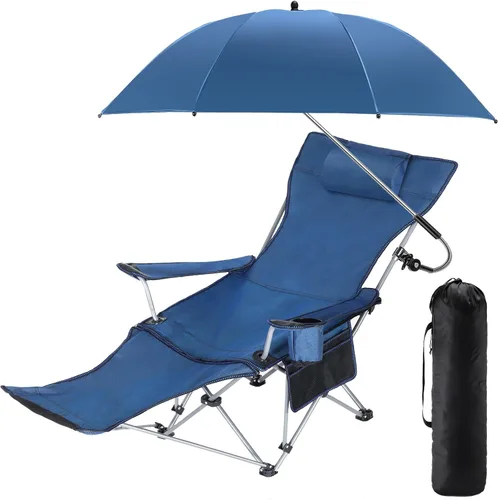 Yuntau Silla de camping con sombrilla reclinable con reposapiés con abrazadera universal UPF 50+ 360 grados ajustable paraguas portátil ligero