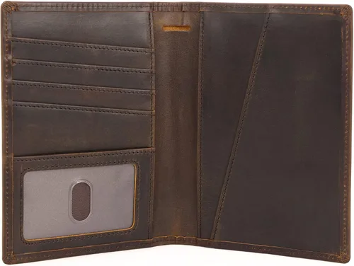 Vista 3 de Polare - Cartera de viaje de cuero de grano completo, plegable, funcional, delgada, con bloqueo RFID, soporte para pasaporte para hombres, Marrón