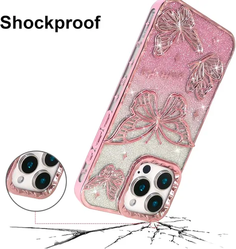 Vista 6 de BITOBE Diseñada para iPhone 16 Pro Max, Bonita Funda de Mariposa 3D Delgada con Chapado Brillante Reluciente de Lujo para Mujeres y Niñas Protectora