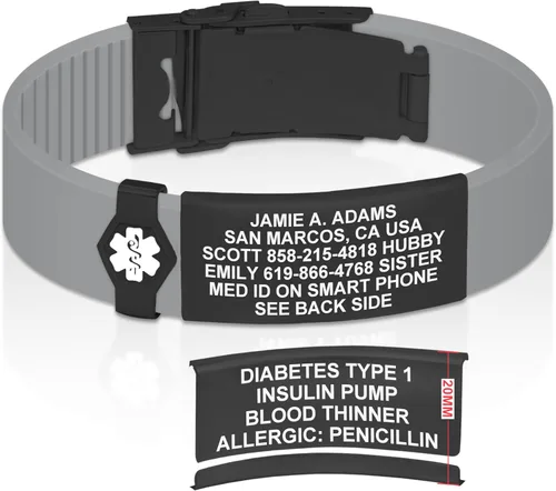 Vista 133 de Divoti Pulsera de identificación de alerta médica grabada personalizada, grabado láser de doble cara (hasta 9 líneas), pulsera de silicona ajustable