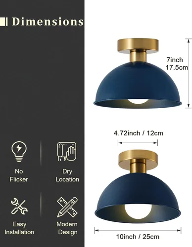 Vista 4 de Lámpara de techo industrial semiempotrada con placa dorada y pantalla azul, lámpara de techo de granja para cocina, isla, comedor, vestíbulo