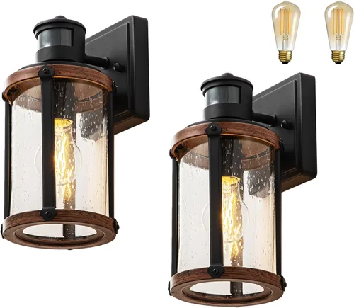 Vista 10 de Luces de pared para exteriores con salida GFCI, luces de porche con sensor de movimiento para casa, 3 modos, accesorio de luz exterior del atardecer