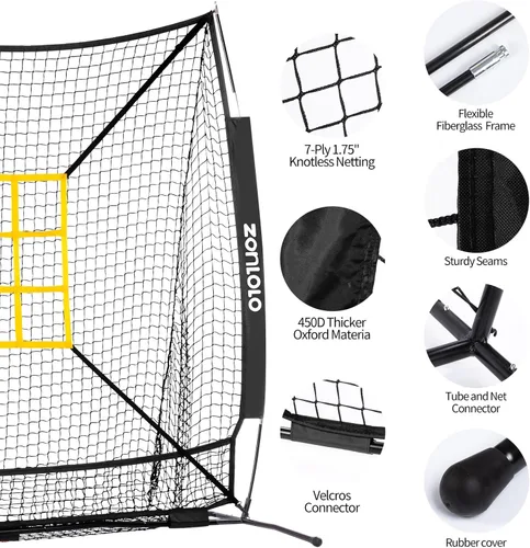 Vista 3 de ZONLOLO 6x6ft Baseball & Softball Net for Hitting,Pitching and Batting, Throwing,Baseball net with Sturdy Bow Frame,Battting Tee,Strike Zone, Middle