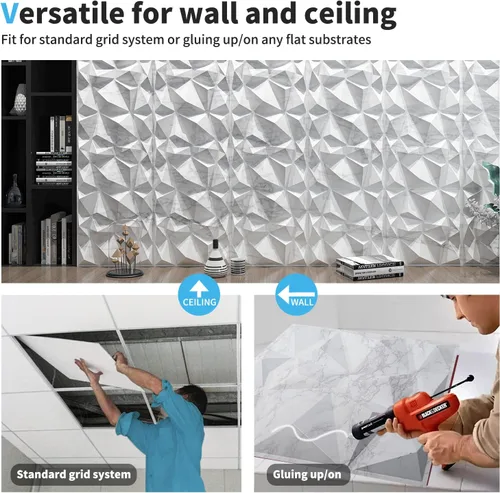 Vista 8 de Art3d Textures - Paneles de pared 3D con diseño de diamante de mármol blanco brillante para decoración de pared interior, paquete de 12 azulejos