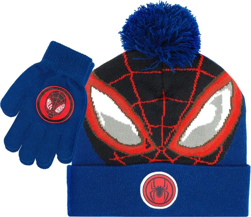 Marvel Spider-Man - Sombrero de invierno y guantes de nieve para niños y niños juego de 2 piezas gorro con pompones con guantes cálidos