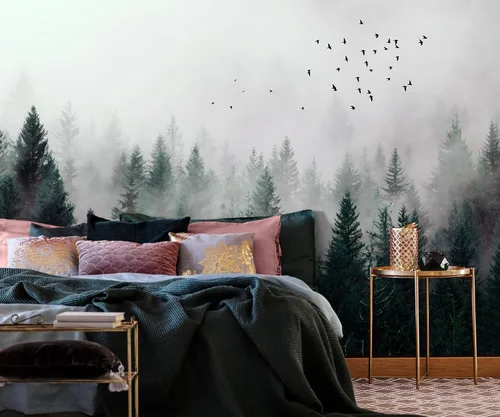 Vista 2 de Murwall Dark Forest Wallpaper Misty Jungle Wall Mural Landscape Wall Print Rustic Home Decor Cafe Design Living Room Bedroom