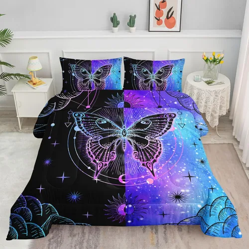 Datura home - Juego de edredón de mariposa azul y negro para niñas y mujeres, juego de ropa de cama bohemio con estampado de mandala de mariposa,